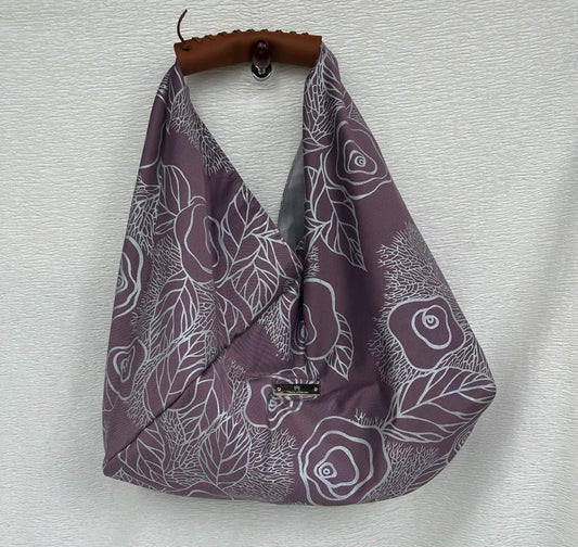 Silk Origami Bag - Gray with flowers M